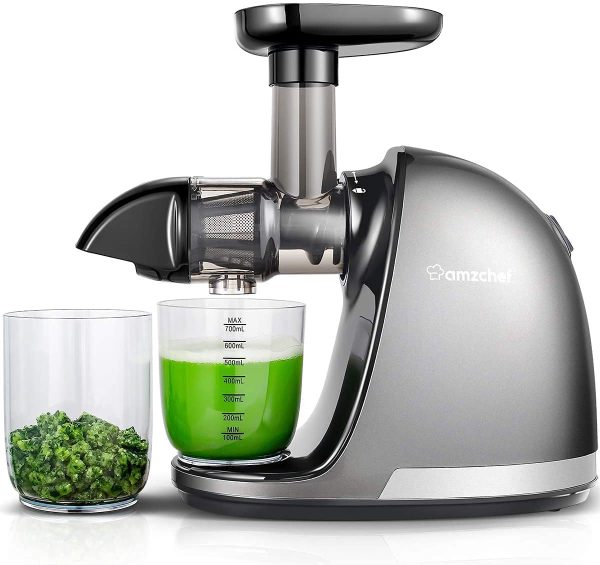 AMZCHEF Extracteur de Jus de Fruits et Légumes Slow Juicer Presse à Froid Machine avec moteur silencieux/tasse à jus/brosse de nettoyage/adapté à tous les Fruits et Légumes (Gris)