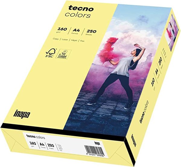 inapa Tecno Colors Lot de 250 feuilles de papier coloré Jaune clair Format A4 160 g/m² Marque : Inapa