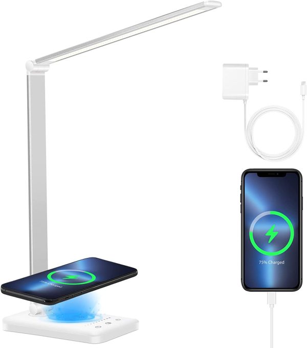 Wilktop Lampe de bureau LED, lampe de table dimmable 10W charge sans fil et port de charge USB,lampe de lecture ,10 niveaux de luminosité,fonctionnement de l'écran tactile 5 couleurs (blanche) Marque : Wilktop