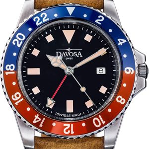 Davosa Montre Professionnelle à Quartz de qualité supérieure - Fabriquée en Suisse - Double Cadran analogique GMT - Montre de Luxe Vintage Tendance, Noir, Bleu, Rouge, Sangle