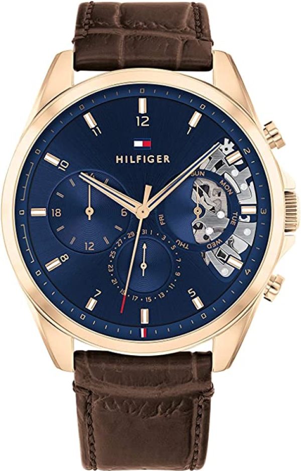 Tommy Hilfiger Montre Analogique Multifunction à Quartz pour Homme avec Bracelet en Cuir Marron foncé - 1710453