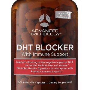 Bloqueur DHT avancé de Trichology avec soutien immunitaire – Suppléments contre la perte de cheveux, palmier nain haute puissance, thé vert et probiotiques, sans gluten, végétarien – Flacon de 120 pièces – Garantie de remboursement de 90 jours Marque : Advanced Trichologie