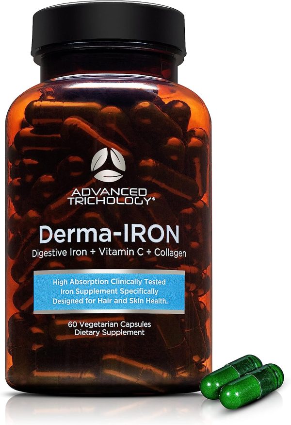 Supplément Derma-Iron pour femmes et hommes - Pilules de fer pour les cheveux et la peau avec du collagène et de la vitamine C naturelle, faible teneur en fer et en ferritine, cheveux clairsemés, soutien à la chute des cheveux Marque : Advanced Trichologie