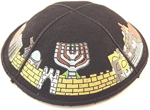 Yarmulke kippa daim bleu 16 cm de diamètre de haute qualité Jérusalem dessin d'une menorah